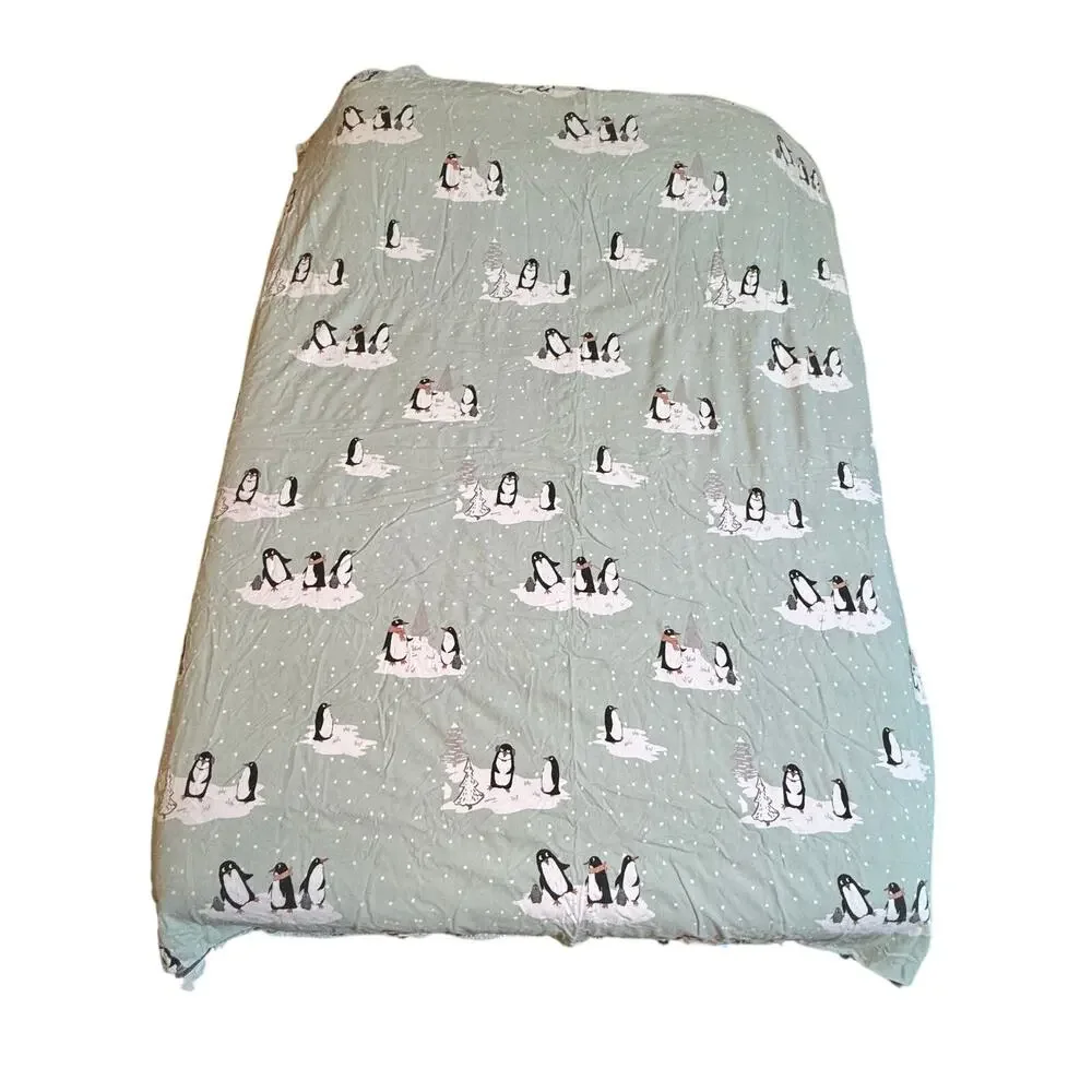 True North Playful Holiday Winter Penguins Mint Green Cotton Flannel Duvet Set